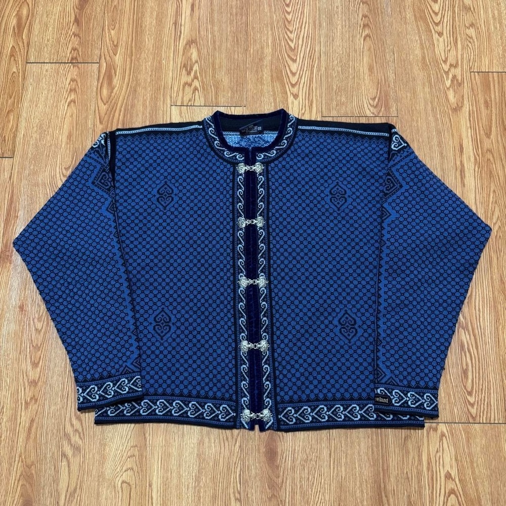 Skjaeveland Women's Sweater Fits XL Nordic Icelandic Wool Clasp Blue Cardigan